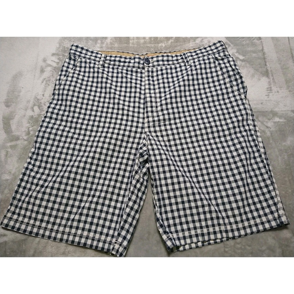 IZOD Chino Shorts Men 38/10 Navy Gingham Preppy College Lightweight Classic